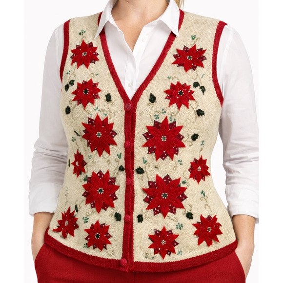 Bobbie Brooks Sweaters - Vintage Bobbie Brooks Christmas Poinsettia Vest XL 16/18 Ramie Cotton Y2K 90s